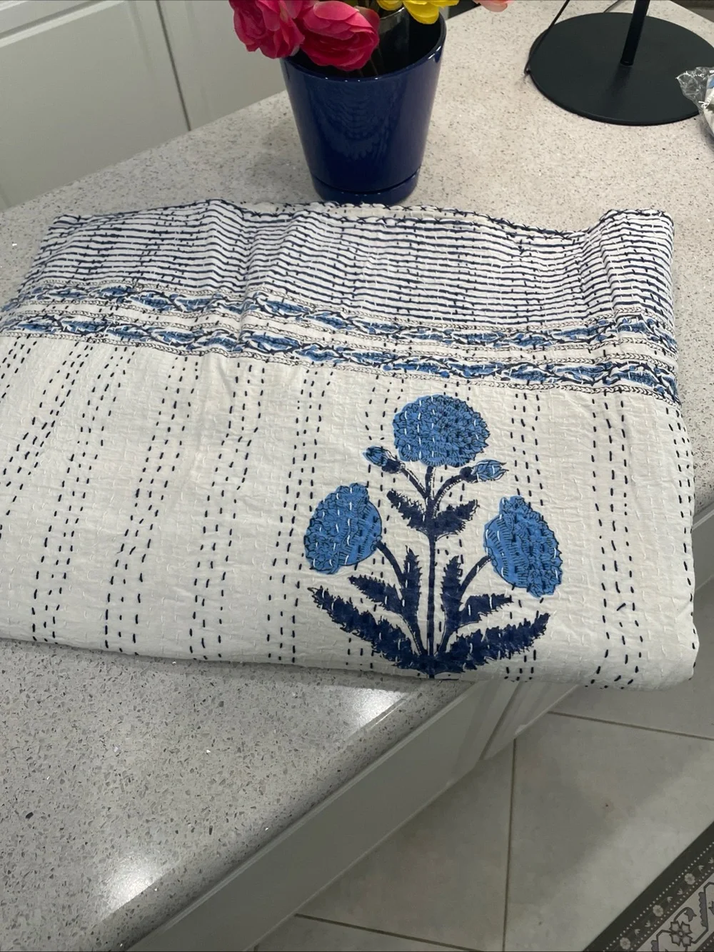 Kantha Queen Size Blue/White Floral hand stitched 90 X 108